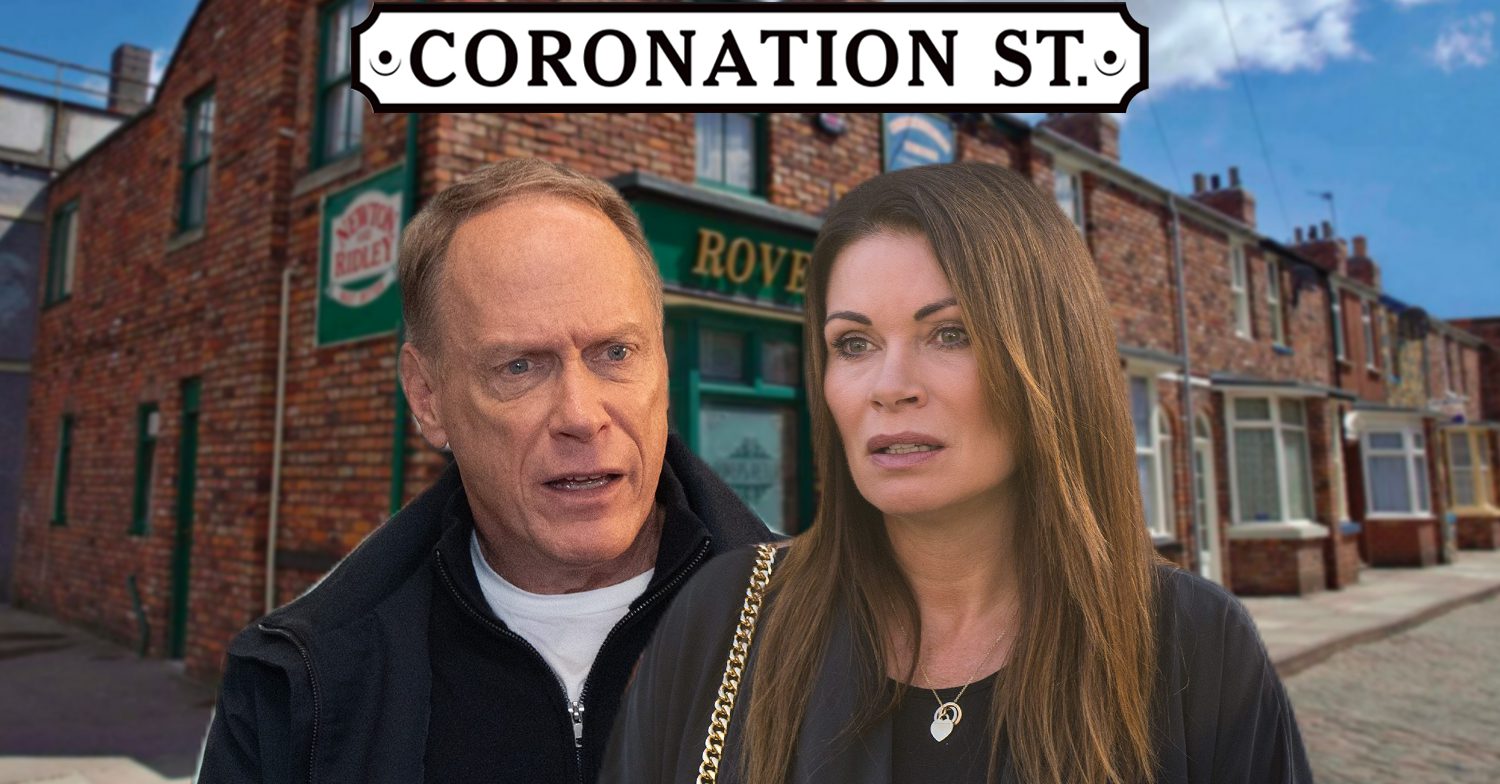 Coronation Street's Stephen, Carla, the Coronation Street logo and background of the Rovers
