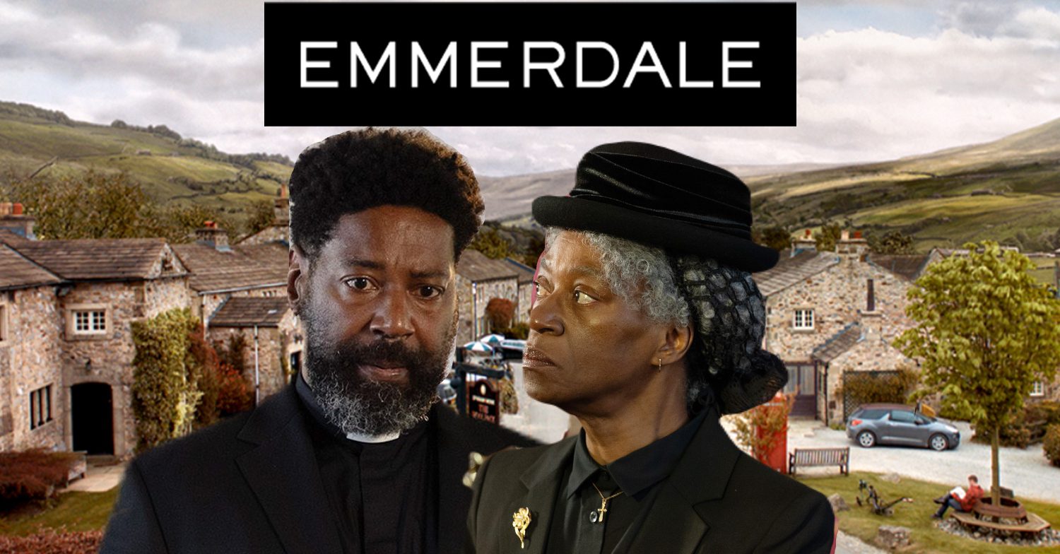 Emmerdale's Charles, Claudette, the Emmerdale logo and background of the Dales