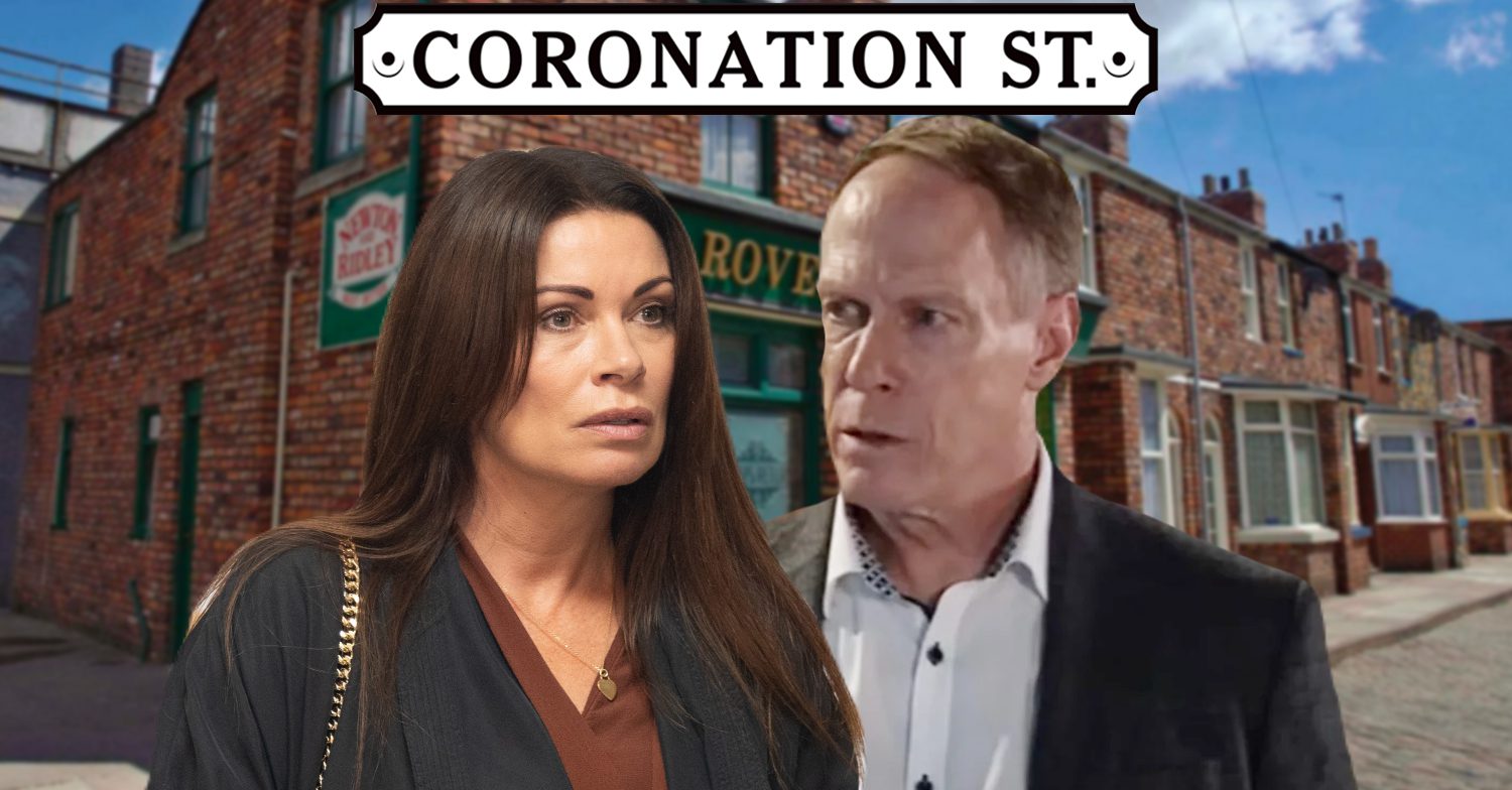 Coronation Street's Carla, Stephen, the Coronation Street logo and background of the Rovers