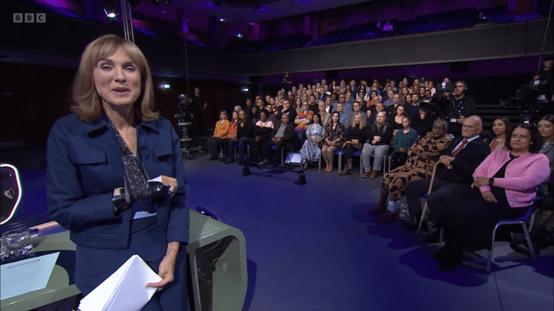 Fiona Bruce with her arm in a sling on Question Time