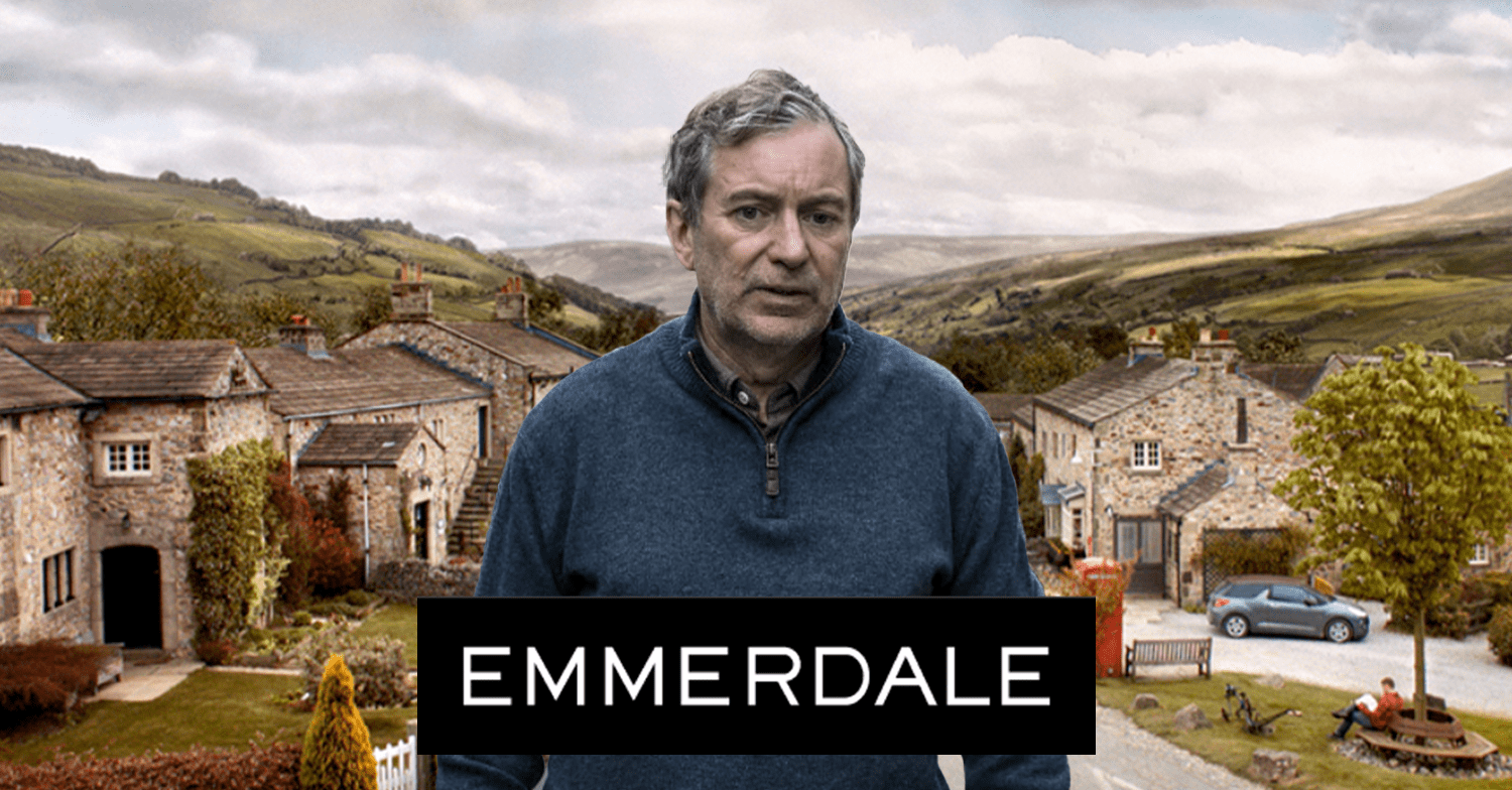 Ashley from Emmerdale against show backdrop