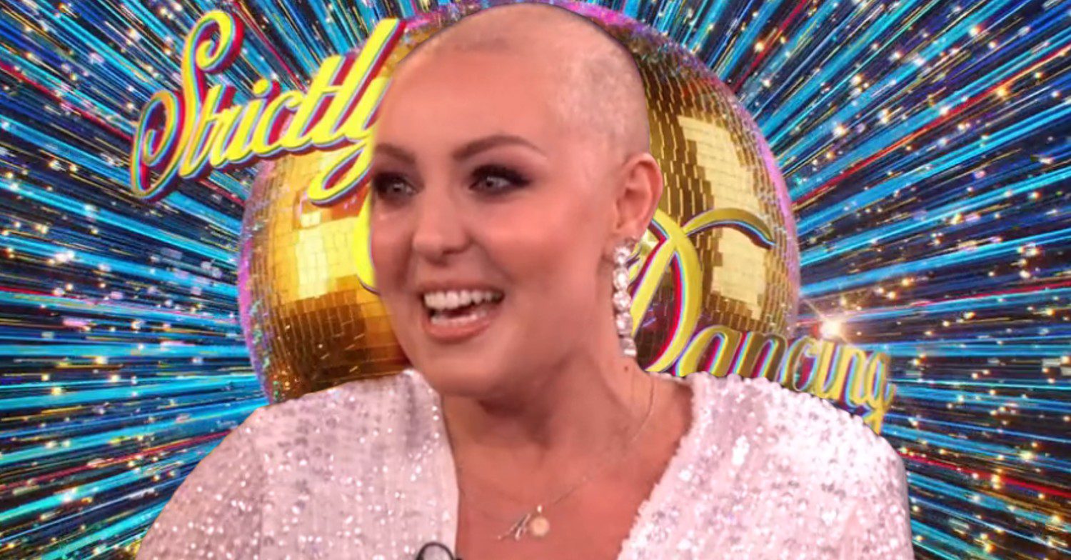 Amy Dowden smiling on Strictly 2023 with logo behind her