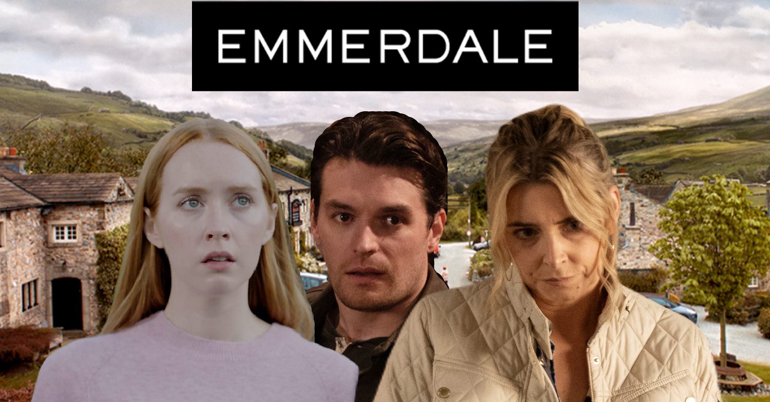 Emmerdale's Chloe, Mack, Charity, the Emmerdale logo and background of the Dales