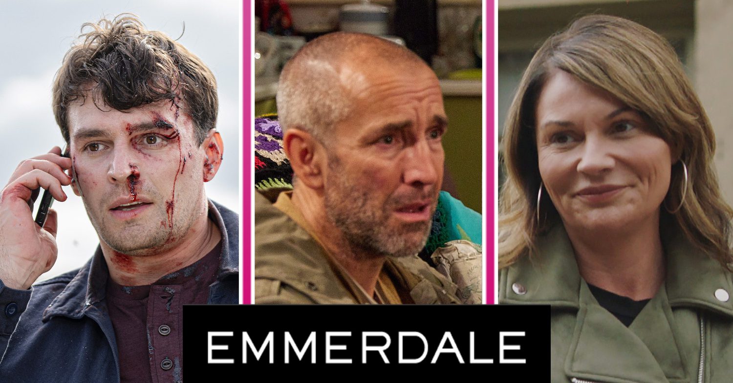 Emmerdale's Mack, Sam, Chas, the Emmerdale logo