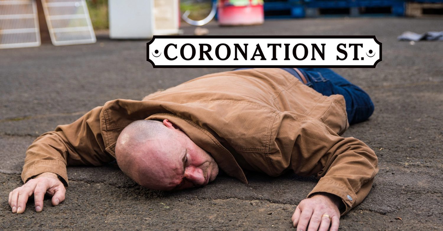 Coronation Street's Tim is lying on the floor unconscious, the Coronation Street logo