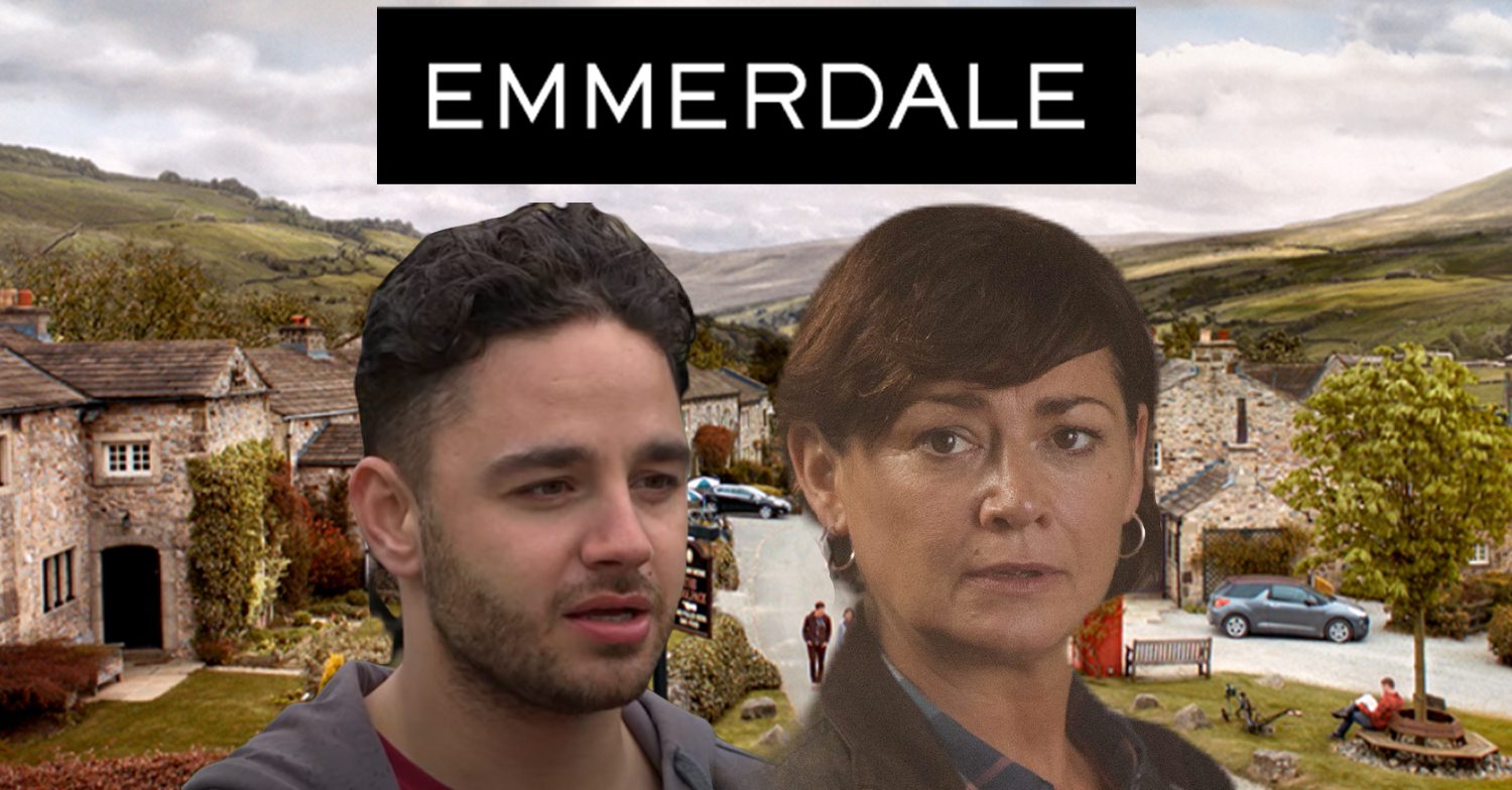 Emmerdale's Adam, Moira, the Emmerdale logo and background of the Dales