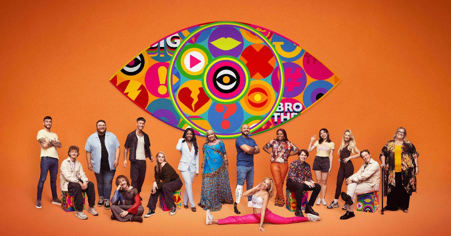 The 16 contestants taking part in Big Brother 2023 standing in front of the logo