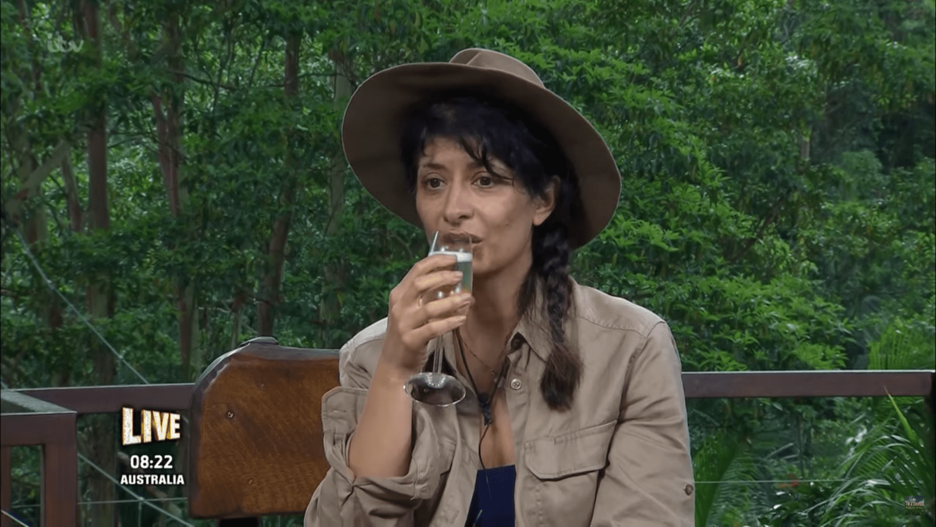 Shappi drinking champagne after leaving I'm A Celebrity