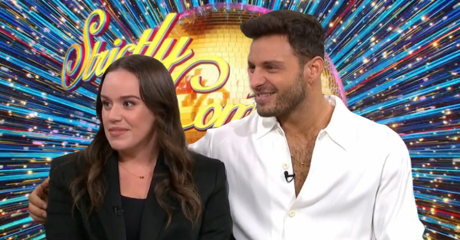 Ellie Leach and Vito Coppola in front of Strictly logo