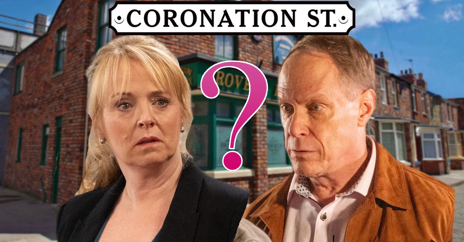 Coronation Street's Jenny , Stephen, a pink question mark, the Coronation Street logo and background of the Rovers