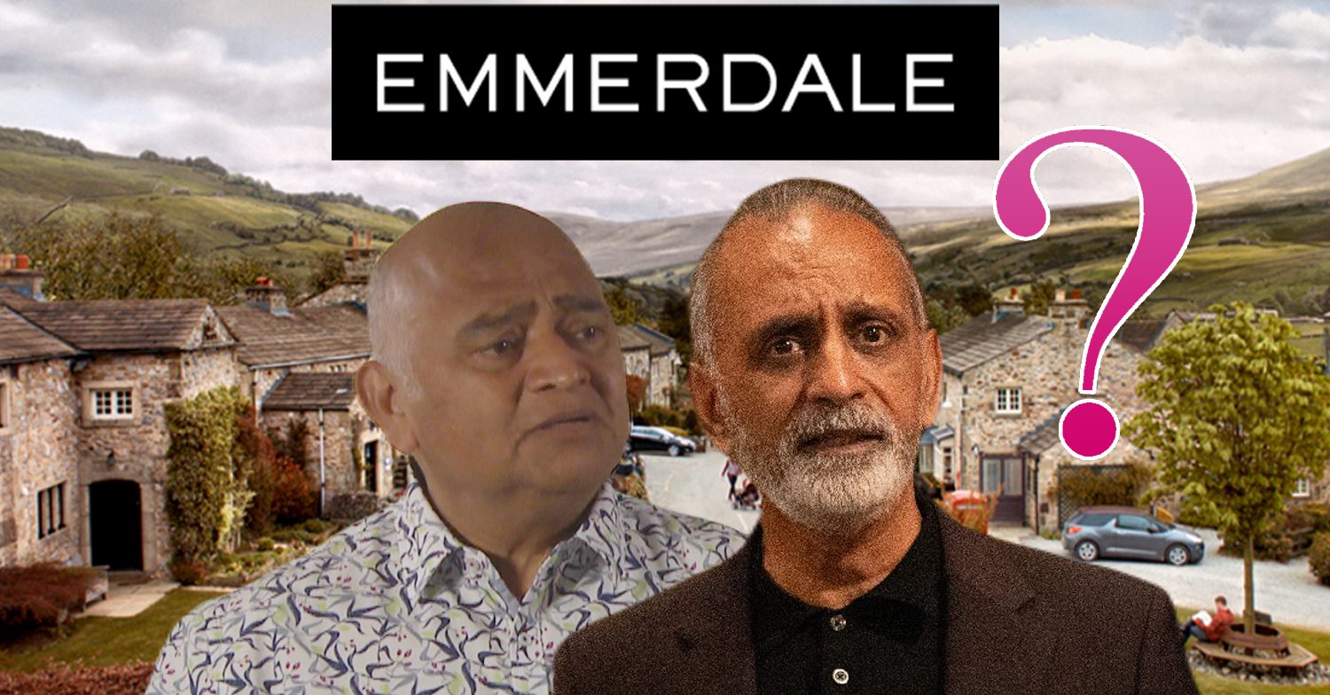 Emmerdale's Rishi, Amit, the Emmerdale logo and background of the Dales, and a pink question mark
