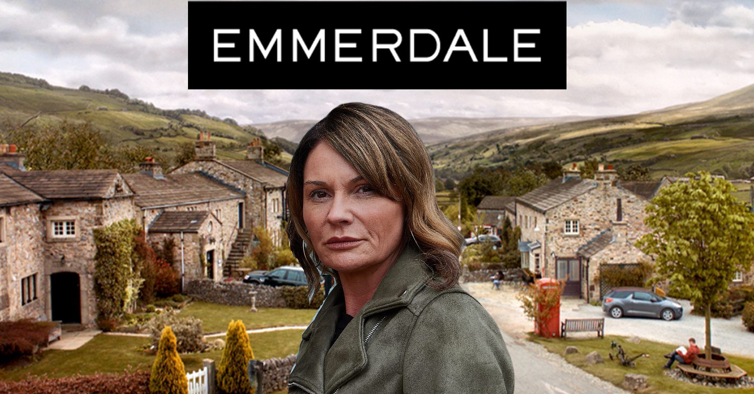 Emmerdale's Chas, the Emmerdale logo and background of the Dales
