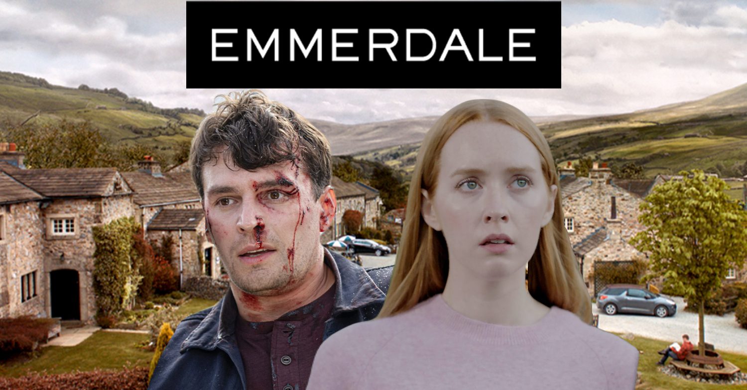Emmerdale's Mack, Chloe, the Emmerdale logo and background of the Dales