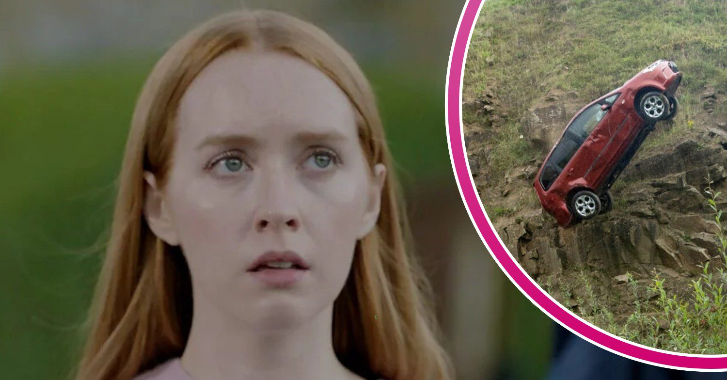 Emmerdale comp image of Chloe looks angry and a car going over the edge of a cliff