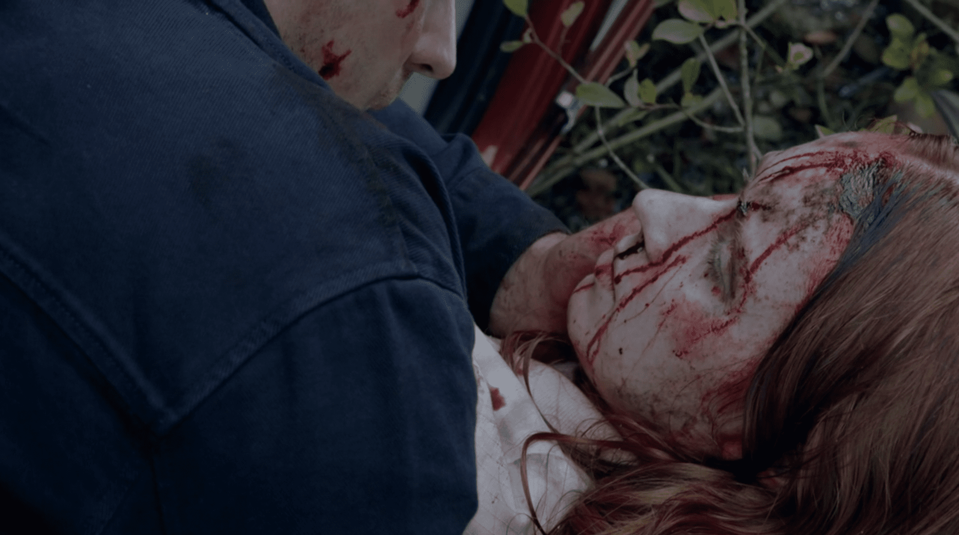 Mack in Emmerdale craddles bloodied Chloe's head