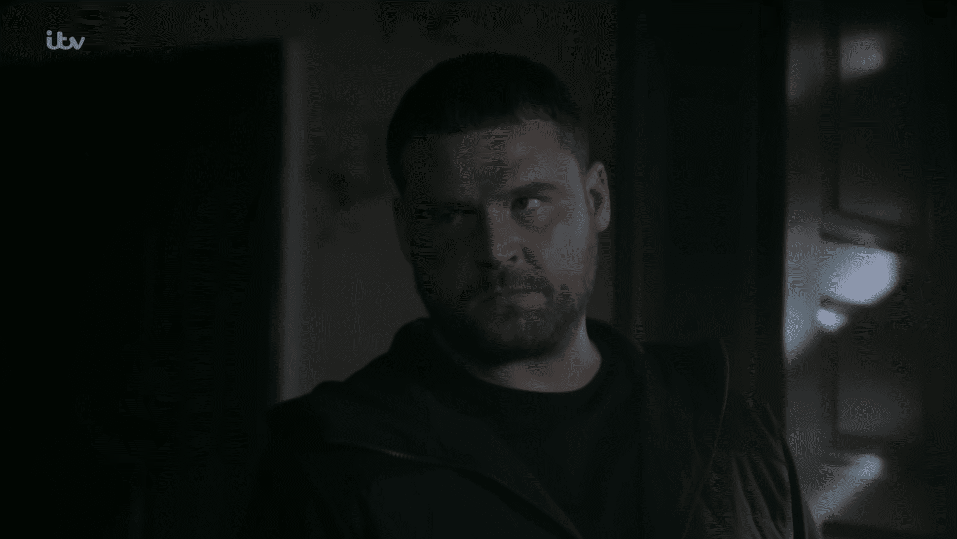 Aaron Dingle in Emmerdale looks brooding