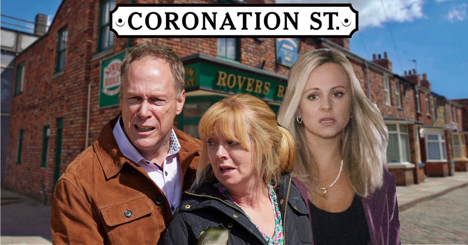 Coronation Street's Stephen, Jenny, Sarah, the Coronation Street logo and background of the Rovers