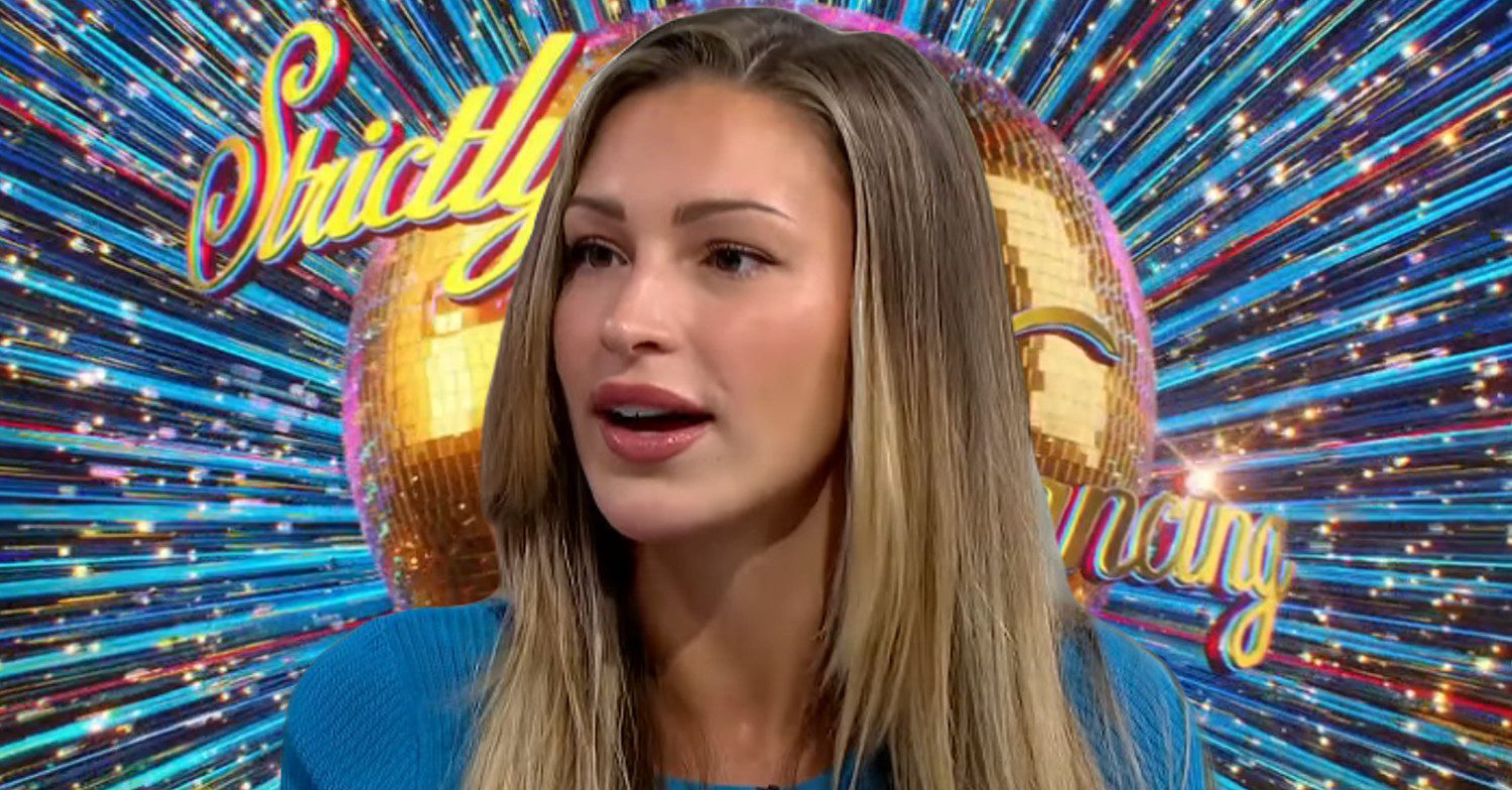 Zara McDermott in front of Strictly logo