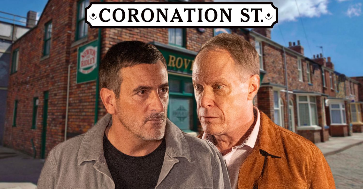 Coronation Street's Peter, Stephen, the Coronation Street logo and background of the Rovers