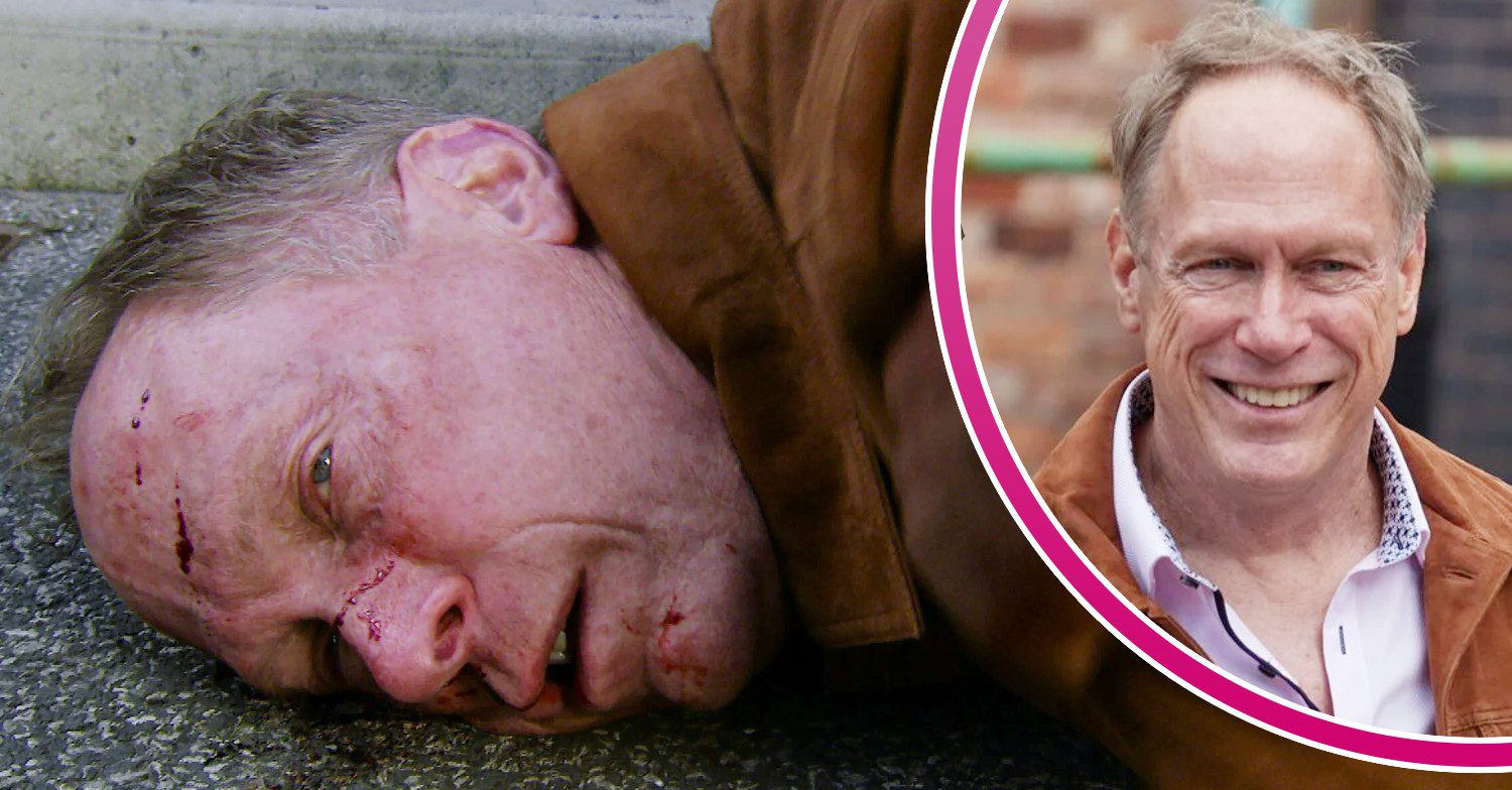 Stephen dead on Corrie; inset, actor Todd Boyce smiling (Credit: ITV/Composite: ED!)