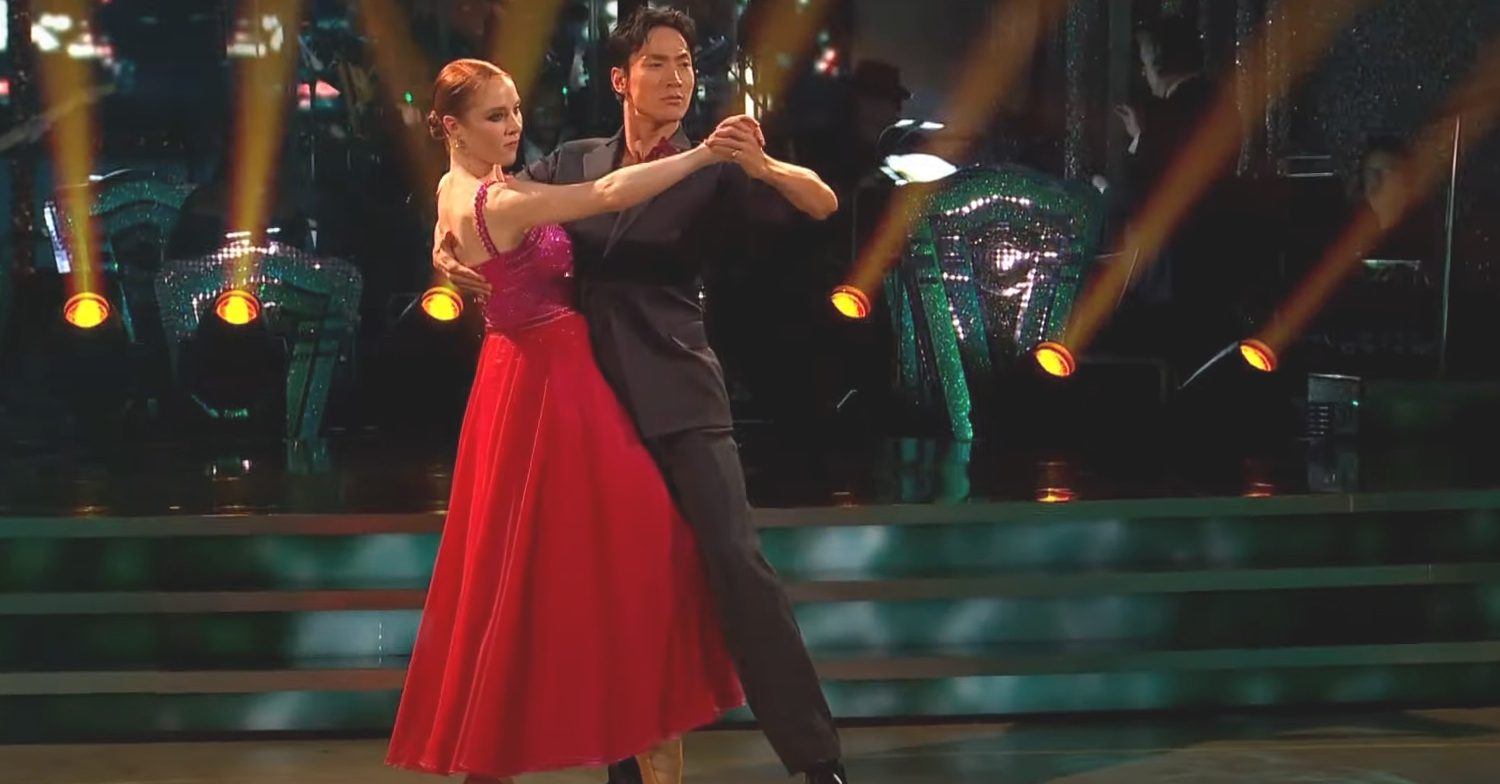 Angela Scanlon and Carlos Gu perform a tango on Strictly Come Dancing