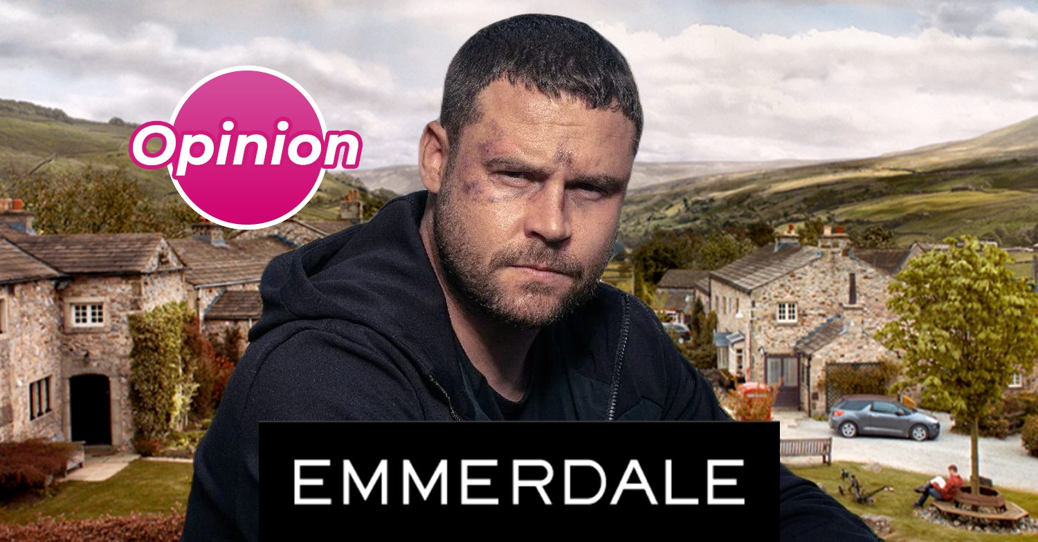Emmerdale's Aaron, the Emmerdale logo, a pink opinion label and the background of the Dales