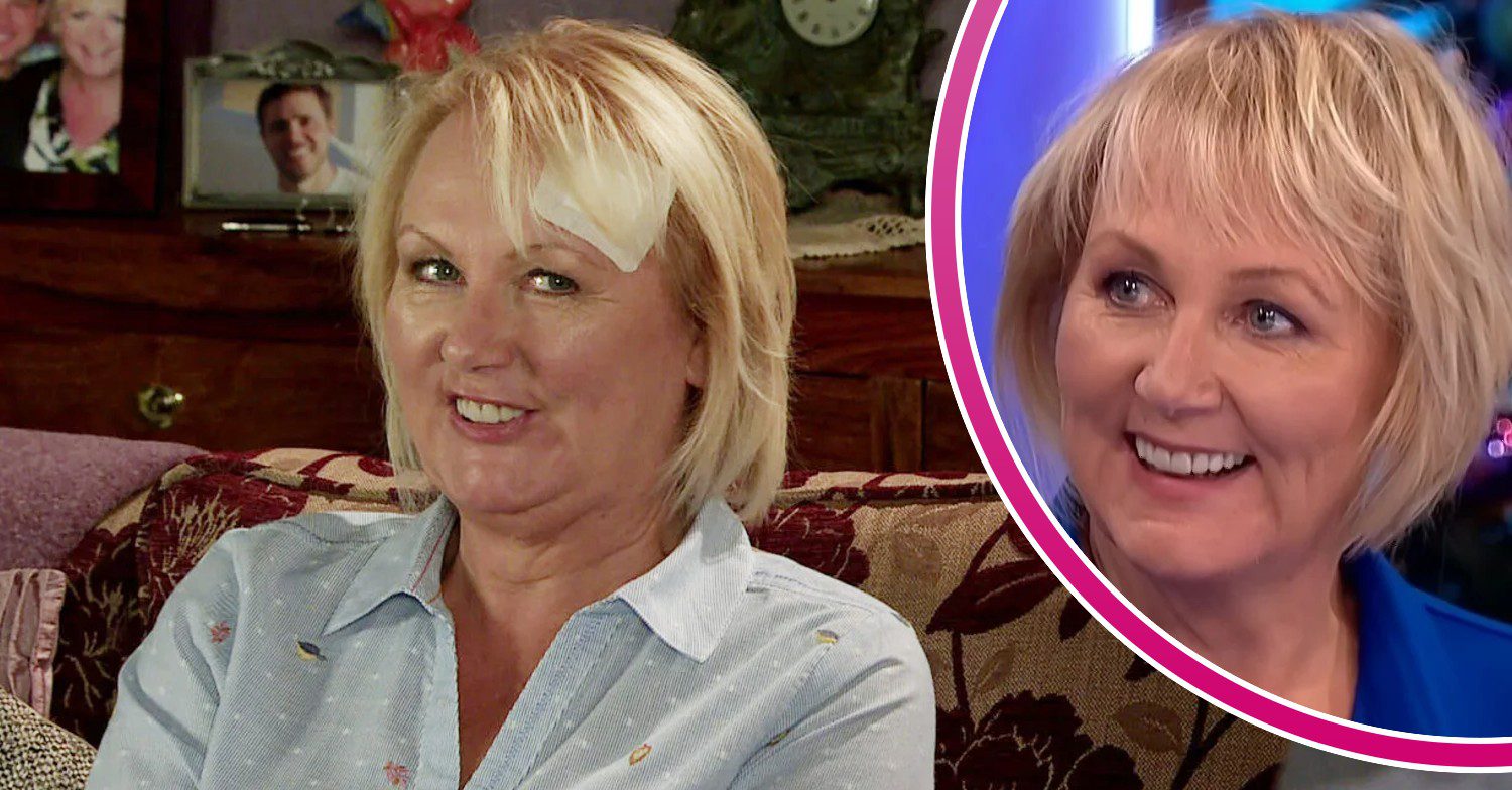 Sue Carver as Eileen Grimshaw; inset, the actress in an interview (Credit: ITV/YouTube/Composite: ED!)