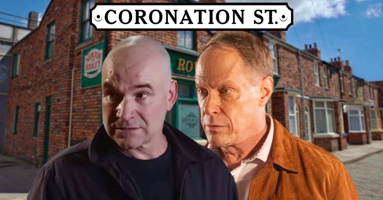Coronation Street's Tim, Stephen, the Coronation Street logo and background of the Rovers