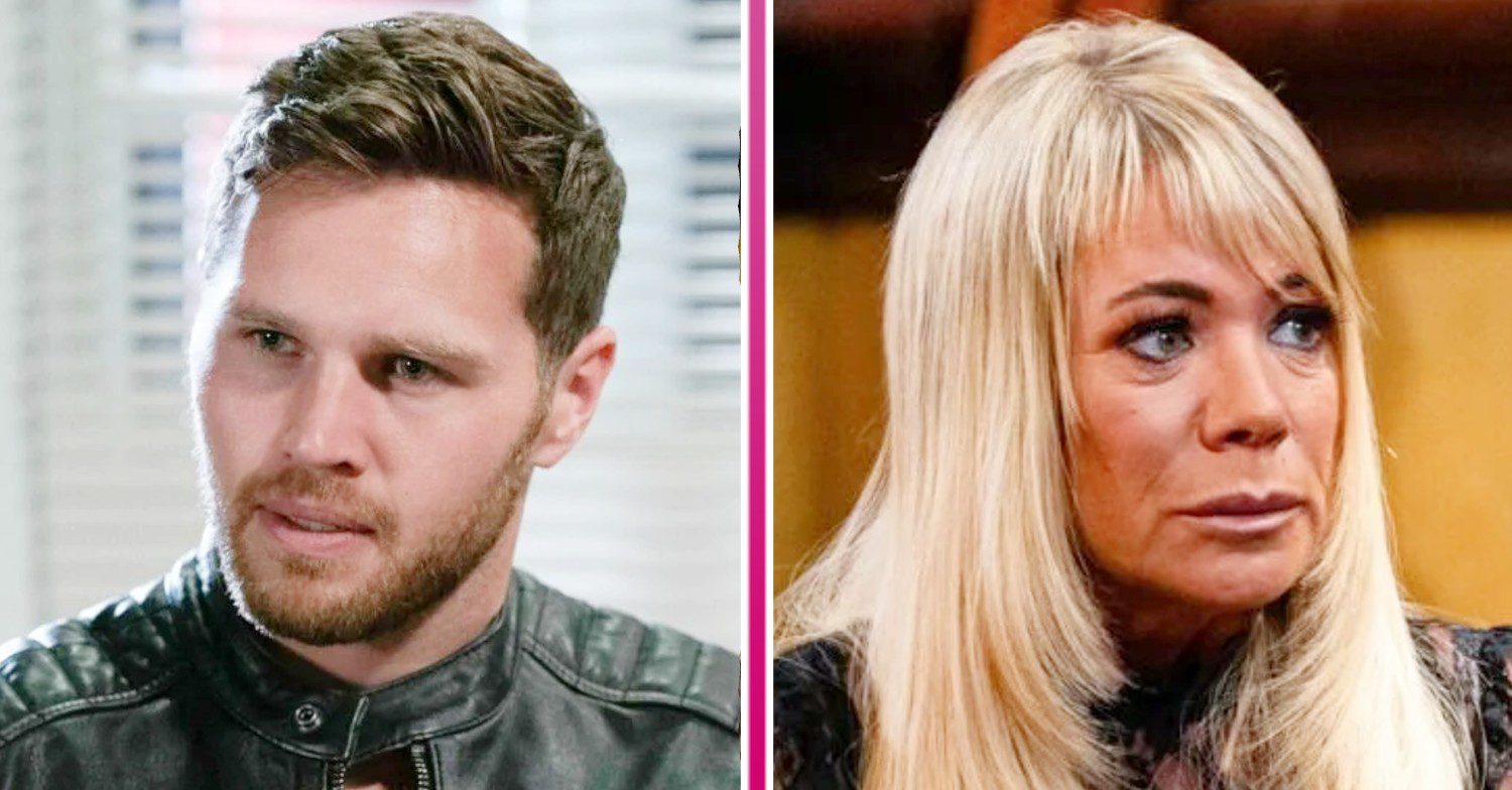 EastEnders' Keanu and Sharon comp image, both look stressed