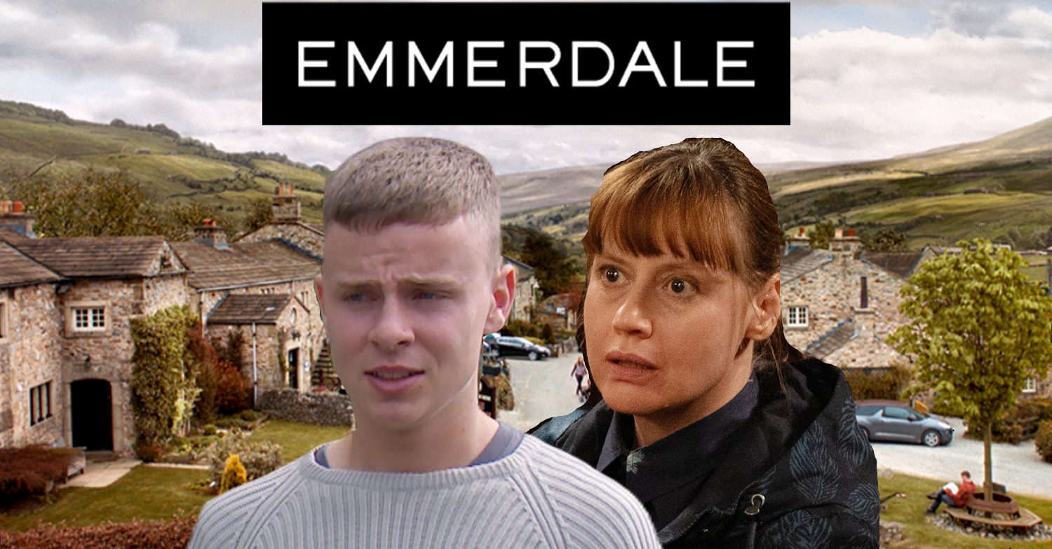 Emmerdale's Samson, Lydia, the Emmerdale logo and background of the Dales
