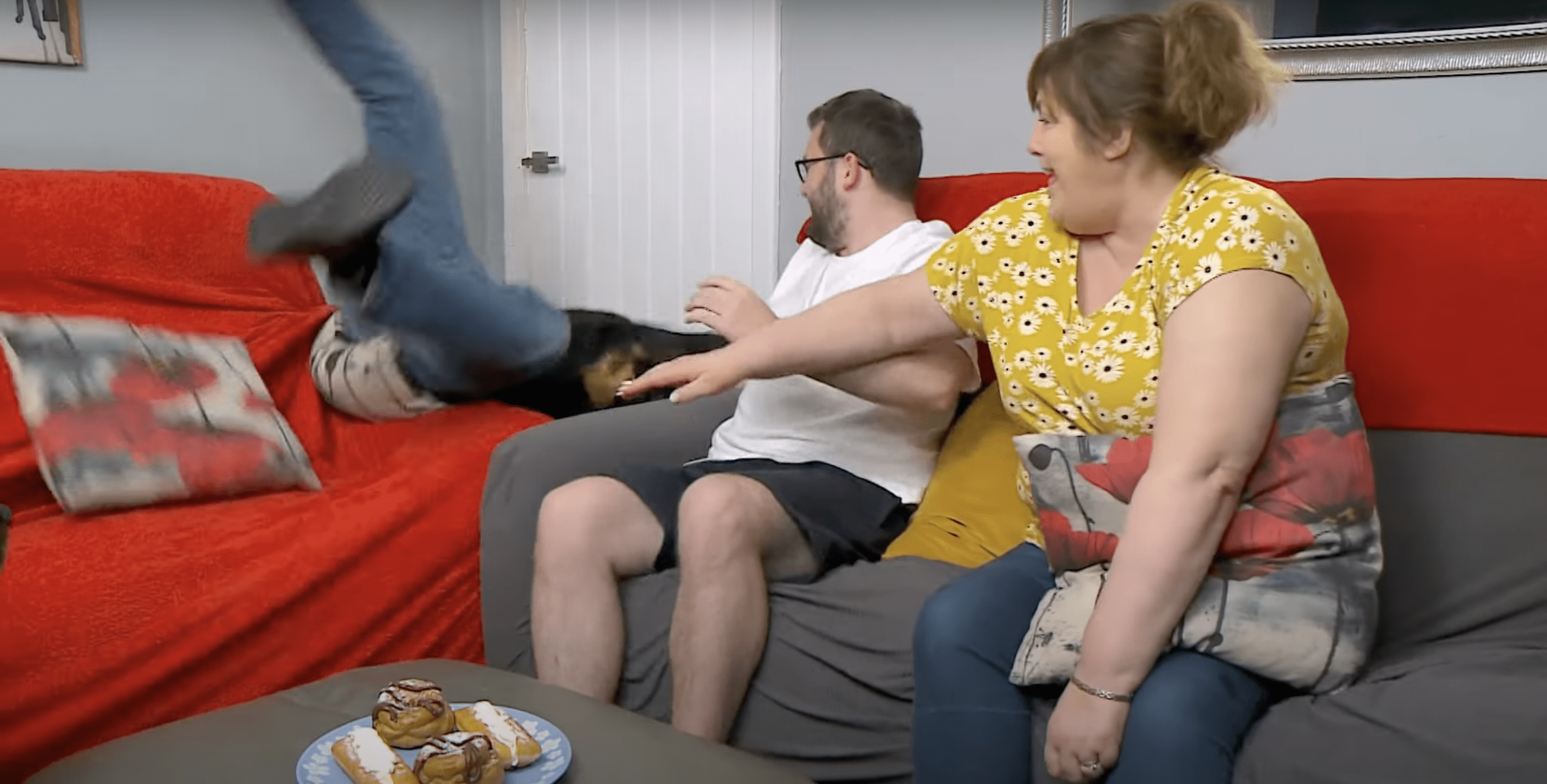 Tom Malone falling off a sofa on Gogglebox