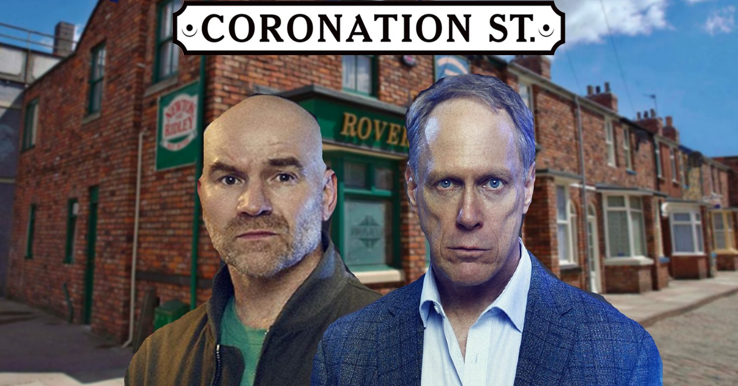 Coronation Street's Tim, Stephen, the Coronation Street logo and background of the Rovers