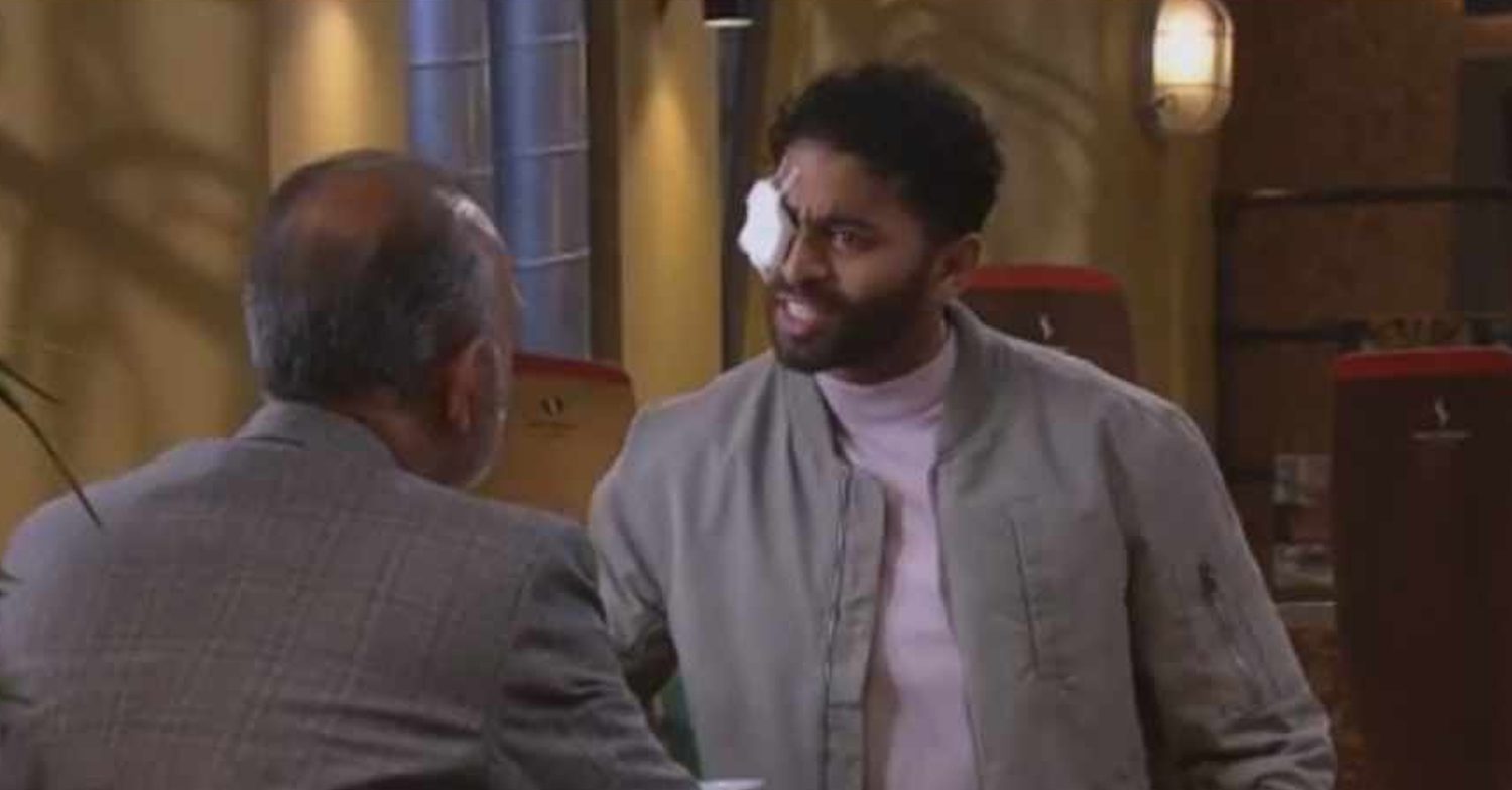 Emmerdale's Suni is wearing an eye patch whilst speaking to Amit in The Hide