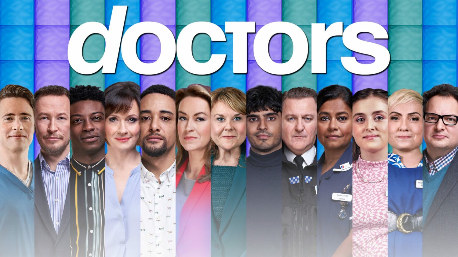 Doctors promo shot with the cast lined up in strips underneath the logo