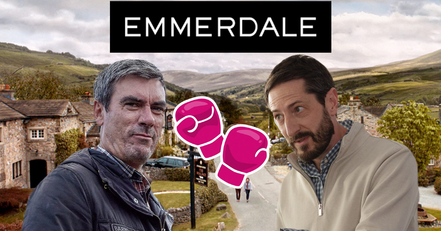 Emmerdale's Cain, Craig, a pair of pink boxing gloves, the Emmerdale logo and background of the Dales