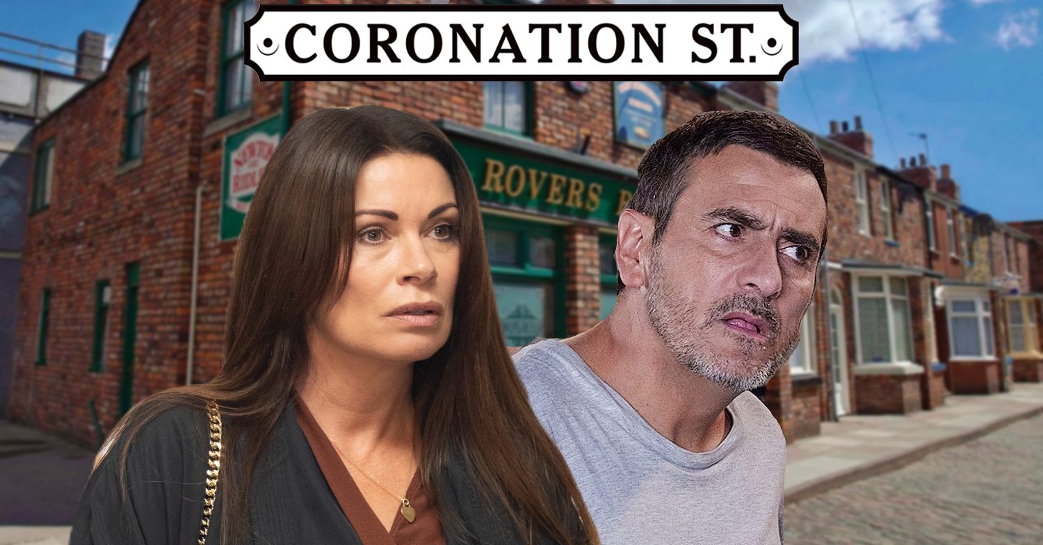 Coronation Street's Carla, Peter, the Coronation Street logo and background of the Rovers