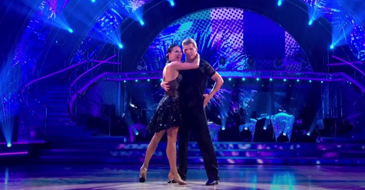 Nigel Harman and Katya Jones holding their finishing position after performing on Strictly Come Dancing