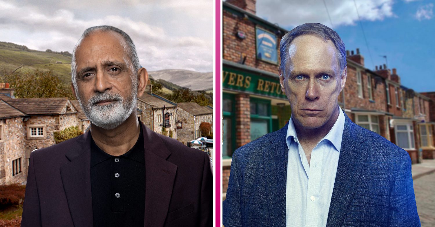 Emmerdale's Amit with the Emmerdale background and, Coronation Street's Stephen with the Coronation Street background