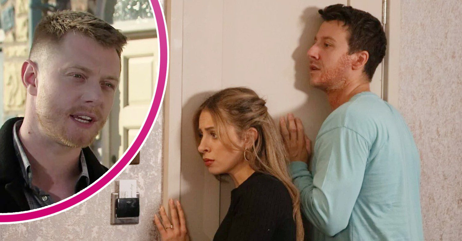 Ryan and Daisy listening against a door on Corrie; inset,, Daniel looking angry (Credit: ITV/Composite: ED!)