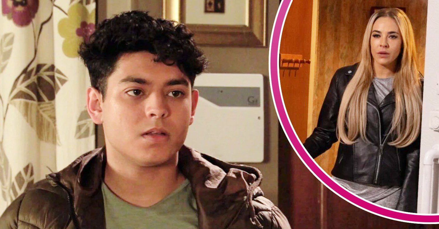 Aadi looking shocked on Coronation Street; inset, Courtney (Credit: ITV/Composite: ED!)