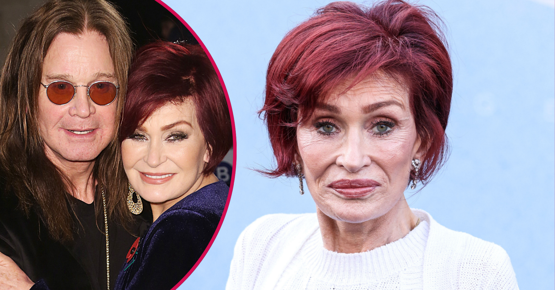 Sharon Osbourne looking shocked and inset cuddling Ozzy