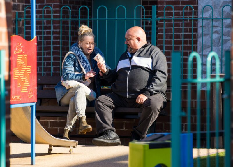 Bernie talking to Big Garth on Corrie