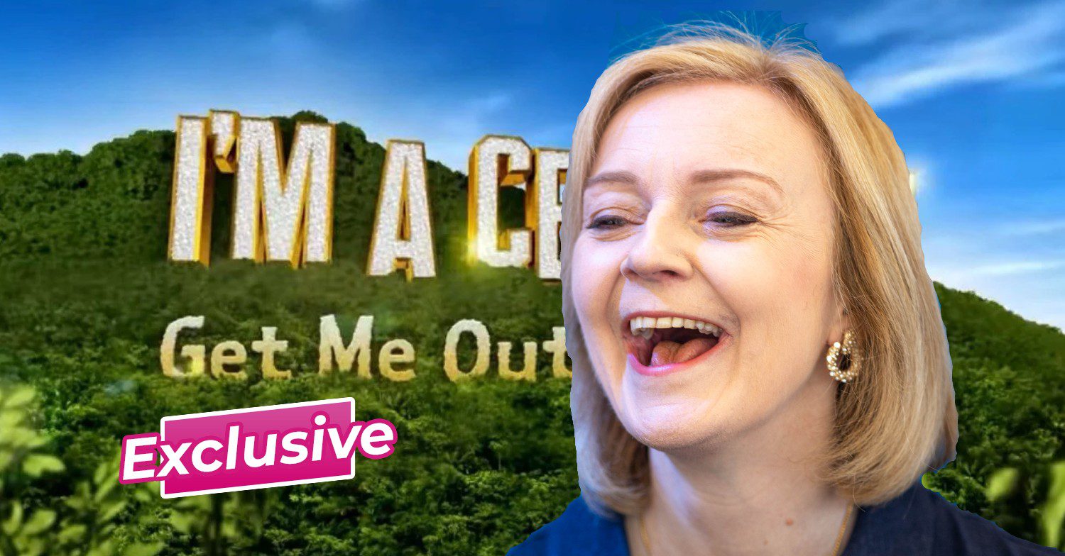 Liz Truss laughs in front of I'm A Celebrity title card