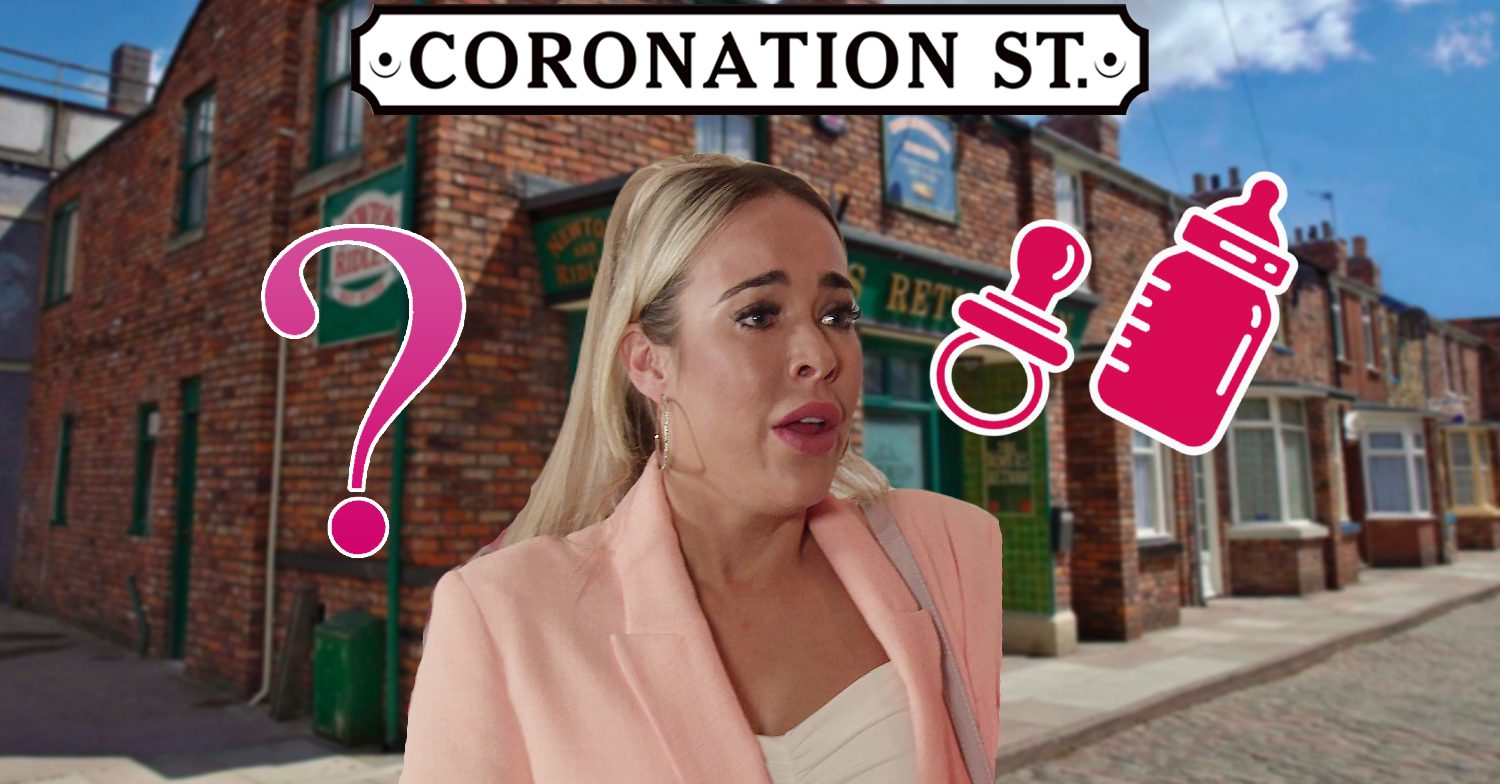 Coronation Street's Courtney, a pink question mark, a baby bottle and dummy, the Coronation Street logo and background of the Rovers
