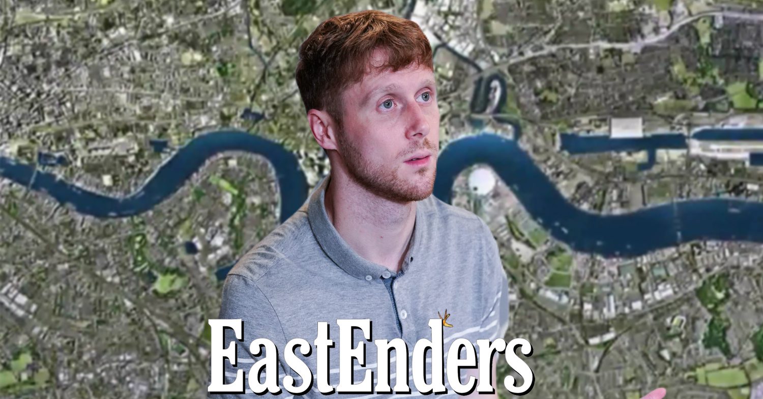 EastEnders' Jay, the EastEnders logo and background of the Thames