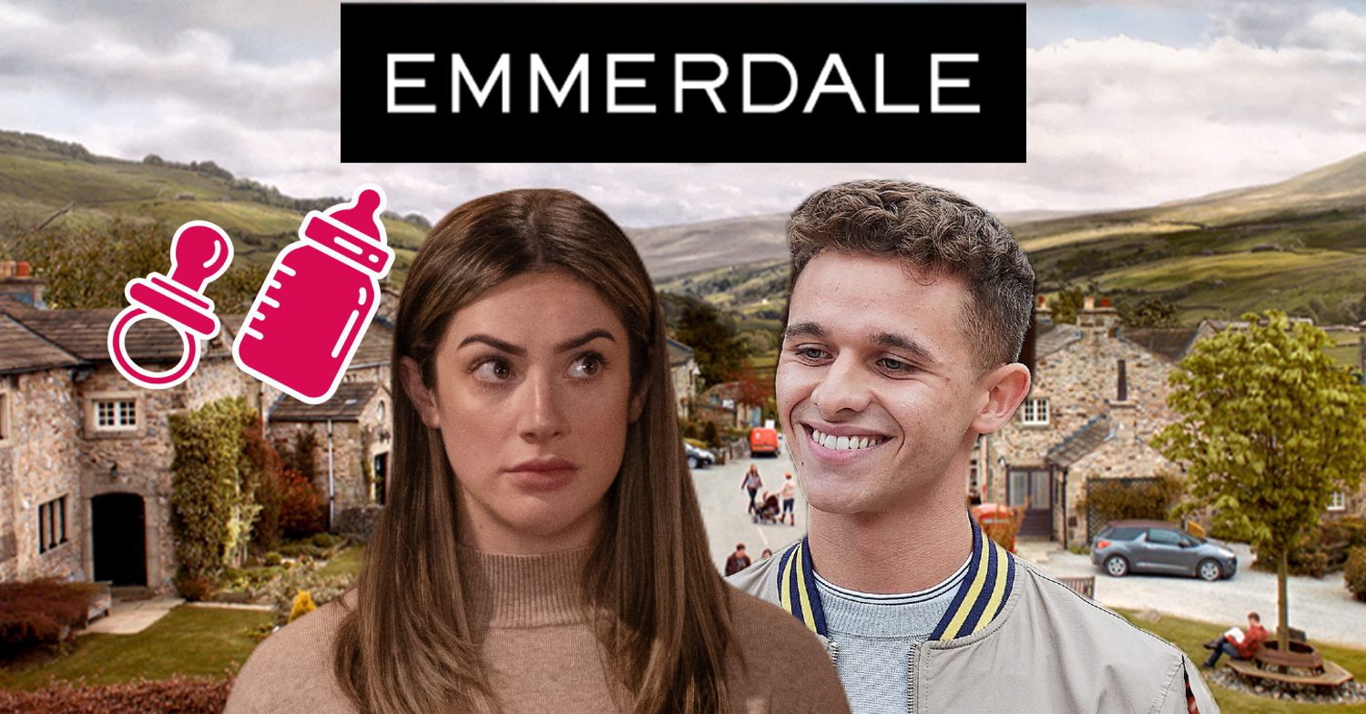 Emmerdale's Victoria, Jacob, the Emmerdale logo and background of the Dales, a pink baby bottle and dummy