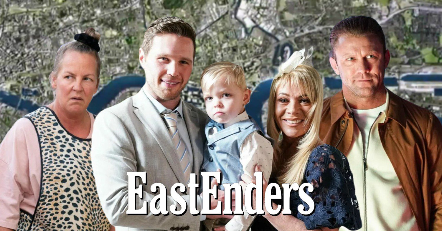 EastEnders composite of Karen, Sharon, Albie and Dorian against EE background and logo (Credit: BBC/Composite: ED!)