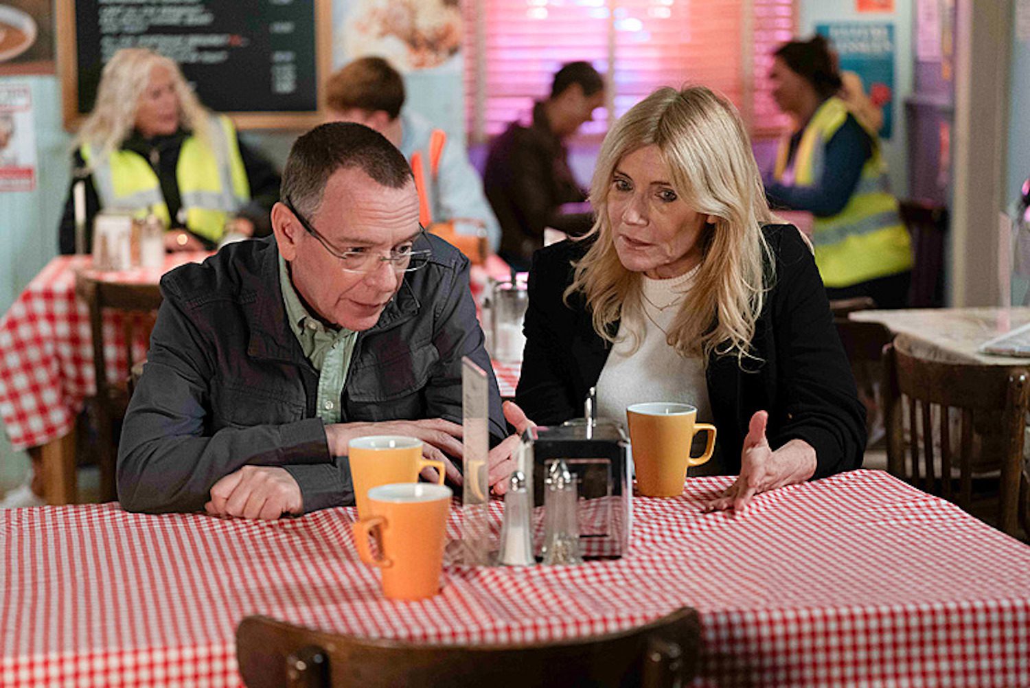 Ian and Cindy talking in the cafe on EastEnders