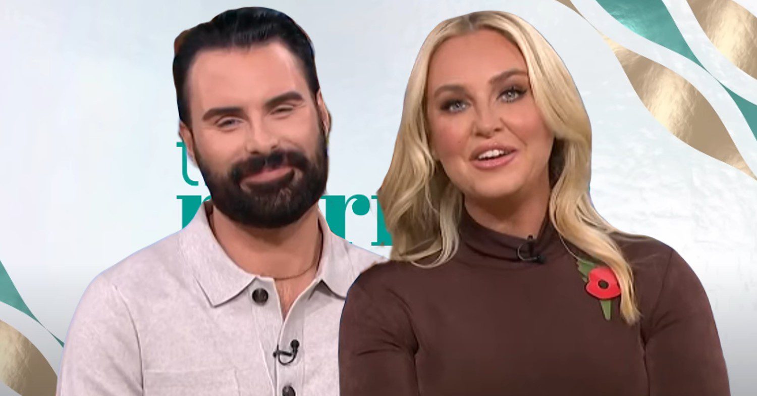 Rylan Clark and Josie Gibson smiling in front of This Morning logo