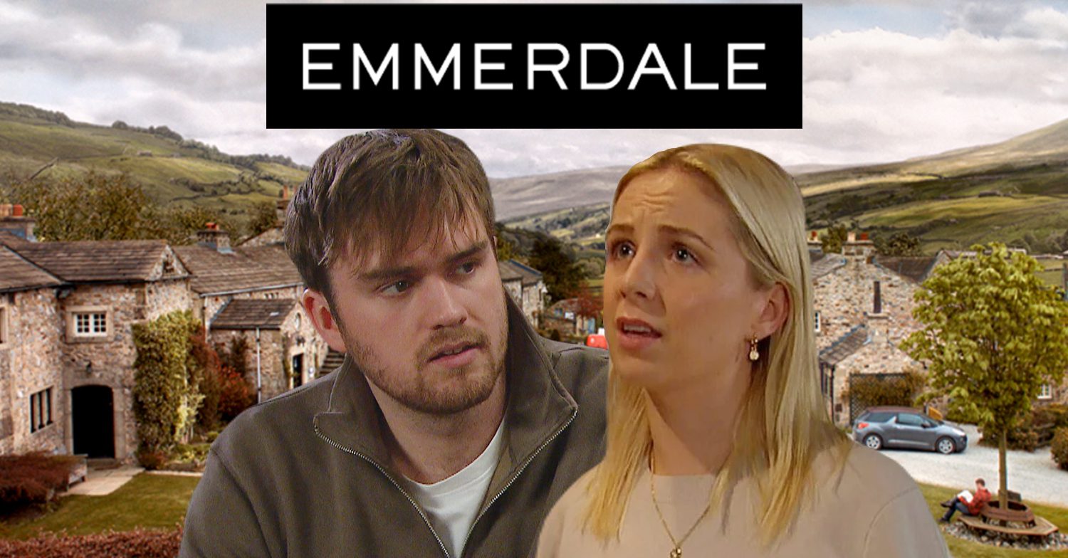 Emmerdale's Tom, Belle, the Emmerdale logo and background of the Dales